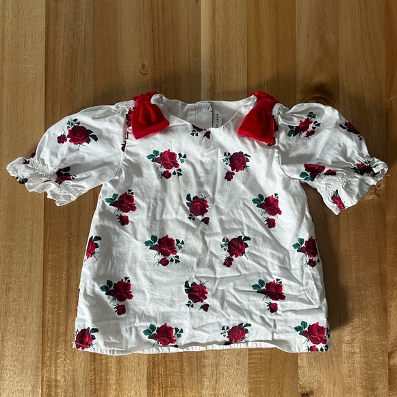 Janie and Jack White and Red Floral Puff Sleeve Blouse with Velvet Bows - Picture 1 of 3